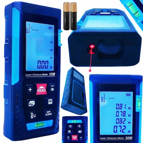 DALMIERZ LASEROWY MIERNIK ODLEGŁOŚCI CYFROWY 50M poziomica KĄTOMIERZ