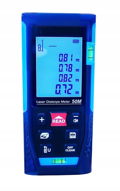 DALMIERZ LASEROWY MIERNIK ODLEGŁOŚCI CYFROWY 50M poziomica KĄTOMIERZ