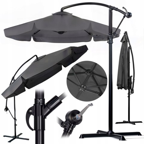 PARASOL OGRODOWY SZARY DUŻY SKŁĄDANY REGULOWANY Z WYSIEGNIKIEM 350CM 3,5M