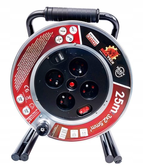 25m 3x2,5 METALOWY PRZEDŁUŻACZ BĘBNOWY NA BĘBNIE BUDOWLANY +GNIAZDA USB C