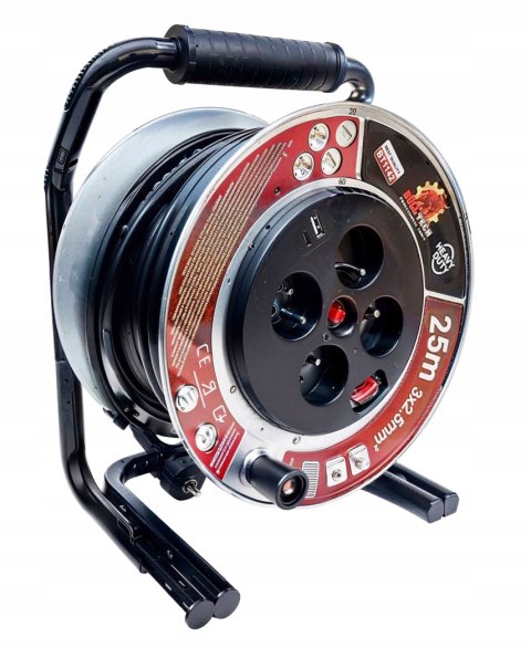 25m 3x2,5 METALOWY PRZEDŁUŻACZ BĘBNOWY NA BĘBNIE BUDOWLANY +GNIAZDA USB C