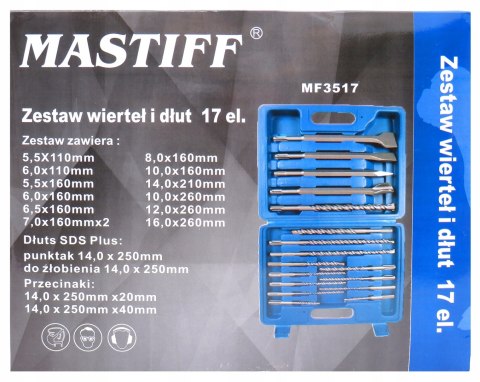 WIERTŁA DŁUTA DO BETONU SDS+ SDS Plus ZESTAW WIERTEŁ I DŁUT 17 ELEMENTÓW