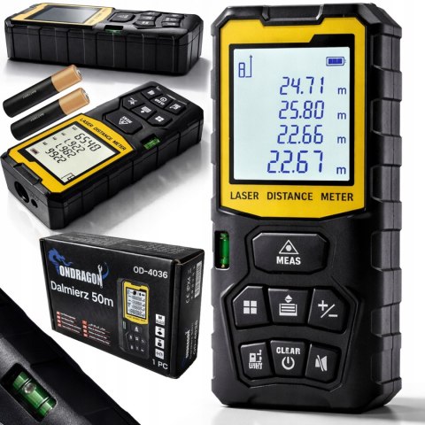 DALMIERZ LASEROWY MIERNIK ODLEGŁOŚCI CYFROWY 50M poziomica KĄTOMIERZ