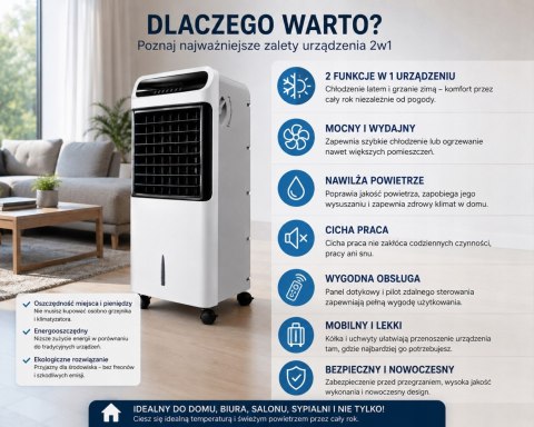 2w1 KLIMATYZATOR WODNY WENTYLATOR PODŁOGOWY OSCYLACJA KLIMATOR GRZEJNIK LCD
