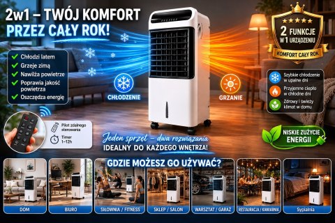 2w1 KLIMATYZATOR WODNY WENTYLATOR PODŁOGOWY OSCYLACJA KLIMATOR GRZEJNIK LCD
