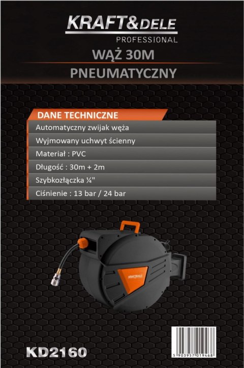 Wąż pneumatyczny zwijany 30m+2m 1/4" PVC solidna