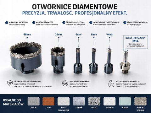 Koronki 6-68 mm Otwornice Diamentowe do Gresu Betonu Płytek Kamienia M14 M