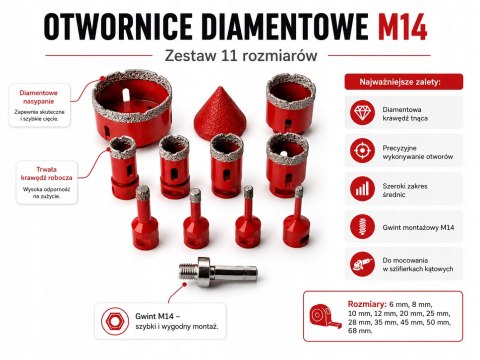 Otwornice Diamentowe do Gresu Betonu Płytek Kamienia M14 Koronki 6-68 mm