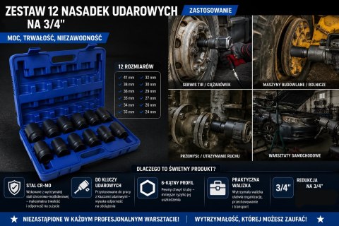 ZESTAW NASADEK UDAROWYCH 24-41 MM NASADKI UDAROWE 3/4 Cr-V KLUCZE NASADOWE