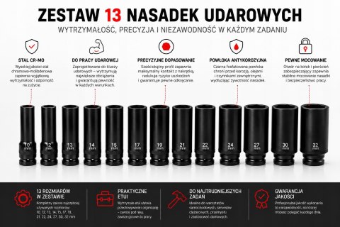 ZESTAW NASADEK UDAROWYCH NASADKI UDAR 13EL WALIZKA Cr-Mo PRO 10-32MM
