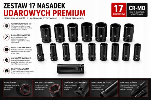 ZESTAW NASADEK UDAROWYCH NASADKI UDAR 17EL WALIZKA Cr-Mo PRO 10-36MM