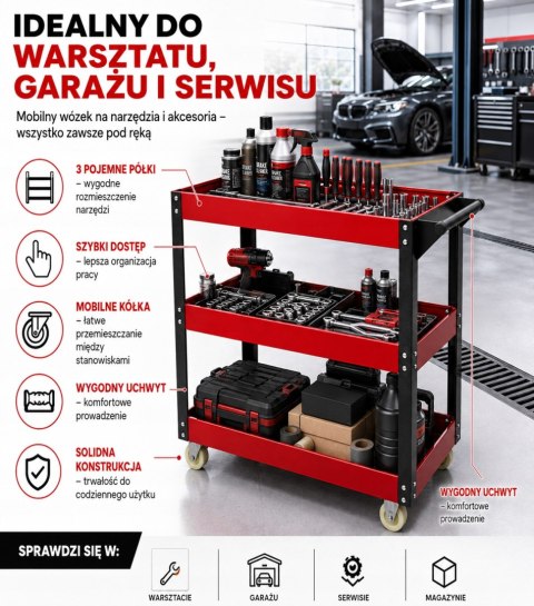 DUŻY WÓZEK WARSZTATOWY NARZĘDZIOWY SERWISOWY 3 PÓŁKI SZAFKA NARZĘDZIOWA moc